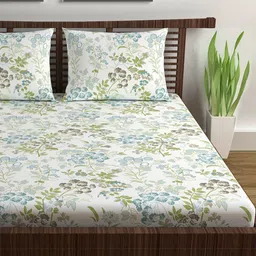 Divine Casa Green & White Floral 144 TC Queen Bedsheet with 2 Pillow Covers-picture-27