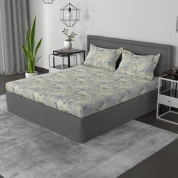 ROSARA HOME Beige & Blue Floral Pure Cotton 144 TC King Bedsheet with 2 Pillow Covers-image-58