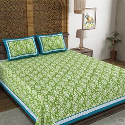 BLOCKS OF INDIA Green Ethnic Motifs Cotton 210 TC Super King Bedsheet & 2 Pillow Covers-image-94