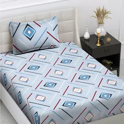 FABINALIV Blue & White Geometric 300 TC Single Bedsheet with 1 Pillow Cover-picture-20