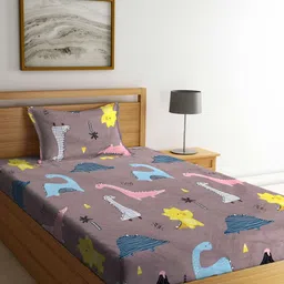 Arrabi Brown & Blue Cartoon Characters 300 TC Single Bedsheet with 1 Pillow Covers-image-69