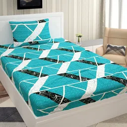 Urban Magic Blue & White Geometric 140 TC Single Bedsheet with 1 Pillow Covers-image-52