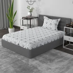 ROSARA HOME Navy Blue & White Geometric 144 TC Single Bedsheet with 1 Pillow Cover-image-97