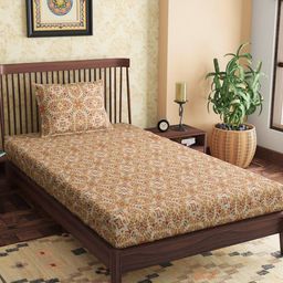 PETAL HOME Yellow & Beige Ethnic Motifs 300 TC Single Bedsheet with 1 Pillow Covers-image-63
