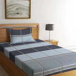 KLOTTHE Blue & Grey Geometric 300 TC Single Bedsheet with 1 Pillow Cover-image-20