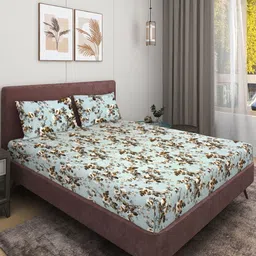Myntra Elegant Homes Blue & Brown Floral 186 TC Queen Bedsheet with 2 Pillow Covers-picture-2