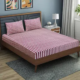 Good Homes by Home Candy Maroon Striped Microfiber 140 TC Queen Bedsheet & 2 Pillow Covers-picture-39