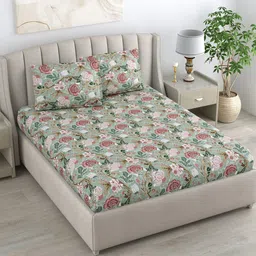 DREAM WEAVERZ Green & Pink 220 TC Cotton Double Queen Bedsheet with 2 Pillow Covers-image-28
