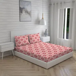 Layers Firenze Peach-Coloured & White Geometric 140 TC Cotton King Bedsheet with 2 Pillow Covers-17
