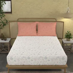 MYTRIDENT Peach-Coloured & White Floral Cotton 144 TC King Bedsheet With 2 Pillow Covers-image-52