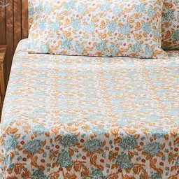 TEAL BY CHUMBAK Pixel Florals Peach Cotton 104 TC Queen Bedsheet with 2 Pillow Covers-image-38