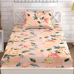 Furnistitchs Peach & Green Floral 300 TC Fitted Single Bedsheet with 2 Pillow Covers-11