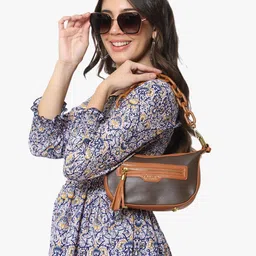 Carlton London Tan Colourblocked Structured Handheld Bag with Tasselled-12