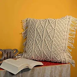 kaahira Cream Woven Macrame Knitted Cotton 16 x 16 Inch Cushion Cover-picture-27