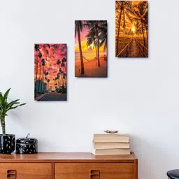 999Store Brown Beach Sunset With Palm Trees Set Of 3 Wall Painting Frames-17