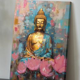 Art Street Gold-Toned & Pink Peaceful Lord Buddha With Flowers Canvas Painting Wall Art-36
