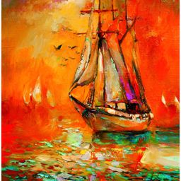 Inephos Orange & Green Ship In Ocean Canvas Painting Unframed Wall Art-image-19