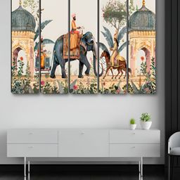 SAF White & Green 5 Pieces Traditional Mughal Elephants Synthetic Wood Wall Paintings-image-52