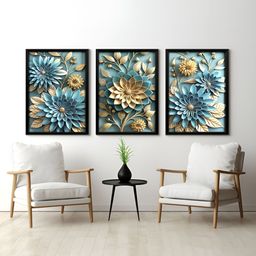 RANDOM Blue & Gold Toned 3 Pieces Floral Printed Painting Wall Art-23