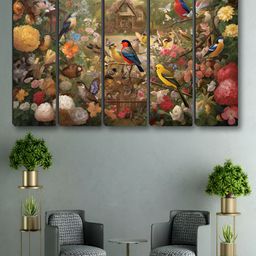 SAF Green & Red 5 Pieces Birds Sitting Plant Synthetic Wood Wall Paintings-image-46