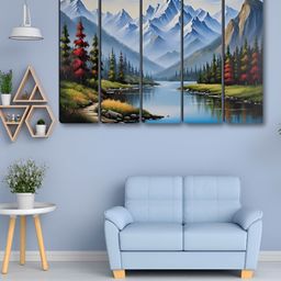 SAF Blue & Yellow 5 Pieces Mountain lake Synthetic Wood Wall Paintings-picture-50