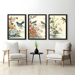 RANDOM Cream-Coloured & Blue 3 Piece Synthetic Wood Floral and Botanical Wall Paintings-image-0