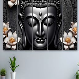 SAF Black & White 5 Pieces Buddha religious Synthetic Wood Religious Wall Paintings-image-6