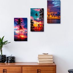 999Store Set Of 3 Multi Nature Sunset Beach Coconut Tree Wall Painting-0