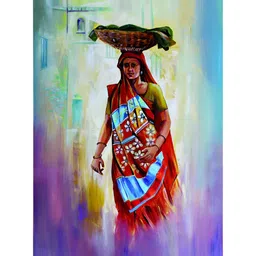 Inephos Blue & Red Canvas Beautiful Lady In Village Wall Painting-0