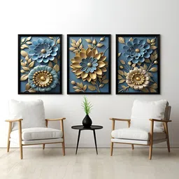 RANDOM Blue & Gold-Toned 3 Piece Synthetic Wood Floral and Botanical Wall Paintings-image-3