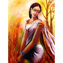 Inephos Purple & Brown Canvas Beautiful Lady in Village Wall Painting-image-84