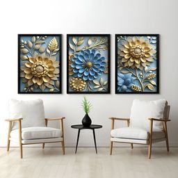 RANDOM Blue & Beige 3 Piece Synthetic Wood Floral and Botanical Wall Paintings-image-11