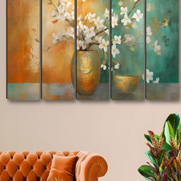 SAF Green & Orange 5 Pieces Flower Pot Synthetic Wood Floral and Botanical Wall Paintings-image-20