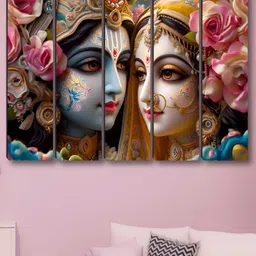 SAF Blue & Pink 5 Pieces Radha Krishna Religious Synthetic Wood Wall Paintings-image-24