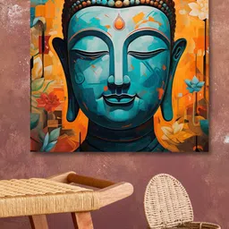SAF Blue & Orange Wooden Framed Lord Buddha Canvas Wall Art-image-44