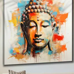 SAF Grey & Orange Wooden Framed Lord Buddha Canvas Painting Wall Art-22