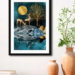 999Store Blue & Gold-Toned Deer With Tree Printed Painting Wall Art-49