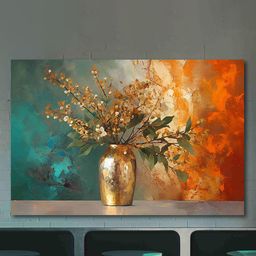 SAF Blue & Gold Abstract Flower Printed Cotton Wall Art-30