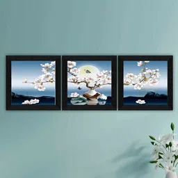 SAF Black & Blue 3 Pieces Floral Theme Painting Framed Wall Art-picture-8