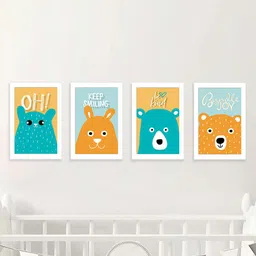 Art Street Kids White & Yellow 4 Pieces Keep Smilling Animals Prints Wall Art-image-32