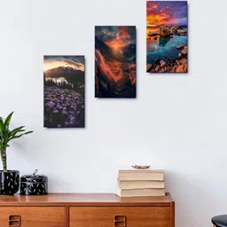 999Store Purple & Orange Set Of 3 Mountain View At Sunset Framed Wall Arts-11