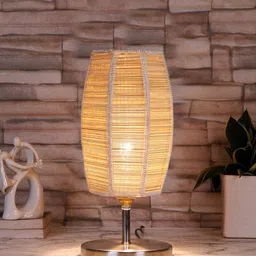 Devansh Beige Textured Steel Table Lamp With Dholak-Shaped Bamboo Shade-12