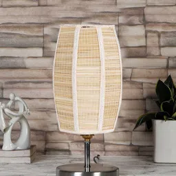 Devansh Beige Textured Steel Table Lamp With Dholak-Shaped Bamboo Shade image 5