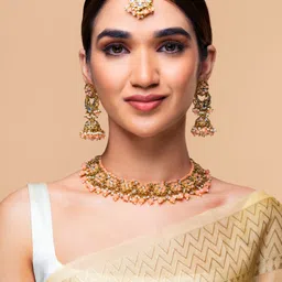 Priyaasi Gold Plated Peach Coloured & White Kundan Studded & Pearl Beaded Jewellery Set-picture-17