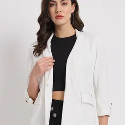 Zastraa Off White Single-Breasted Peaked Lapel Collar Casual Blazer-image-50