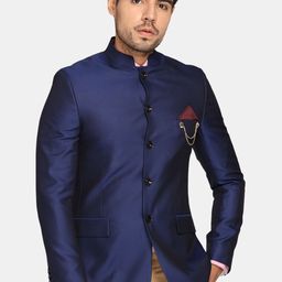 Theme Men Blue Self-Design Slim-Fit Bandhgala Casual Blazer-image-66