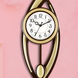 Attractionz Gold-Toned & Beige Round Textured Pendulum Contemporary Wall Clock-47