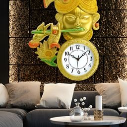 Attractionz Gold Toned Krishna Idol Round Shaped Traditional Analogue Wall Clock-image-84