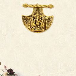 HANDICRAFTS PARADISE Gold Toned Lord Ganesha Shubh Labh Engraved Fan Shaped Wall Hanging-3