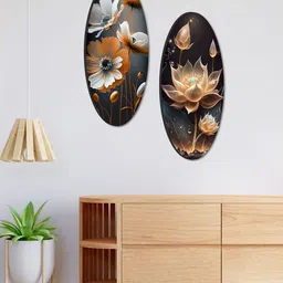 SAF Blue & Brown 2 Pieces Oval Shape Floral Theme Hanging Wall Art-image-80